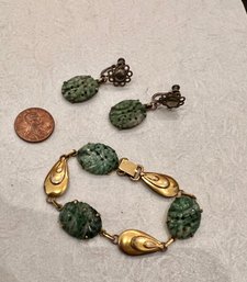 Carved Jade Bracelet And Earrings, Bracelet 12k GF Earrings Sterling